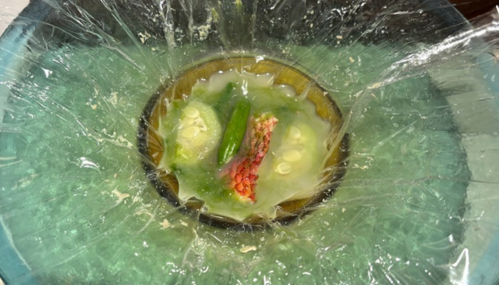 鉄板焼「蜃気楼」の琉球魚介と旬菜のカルタファタ包み。耐熱フィルムの中に魚介の旨味が凝縮された一皿